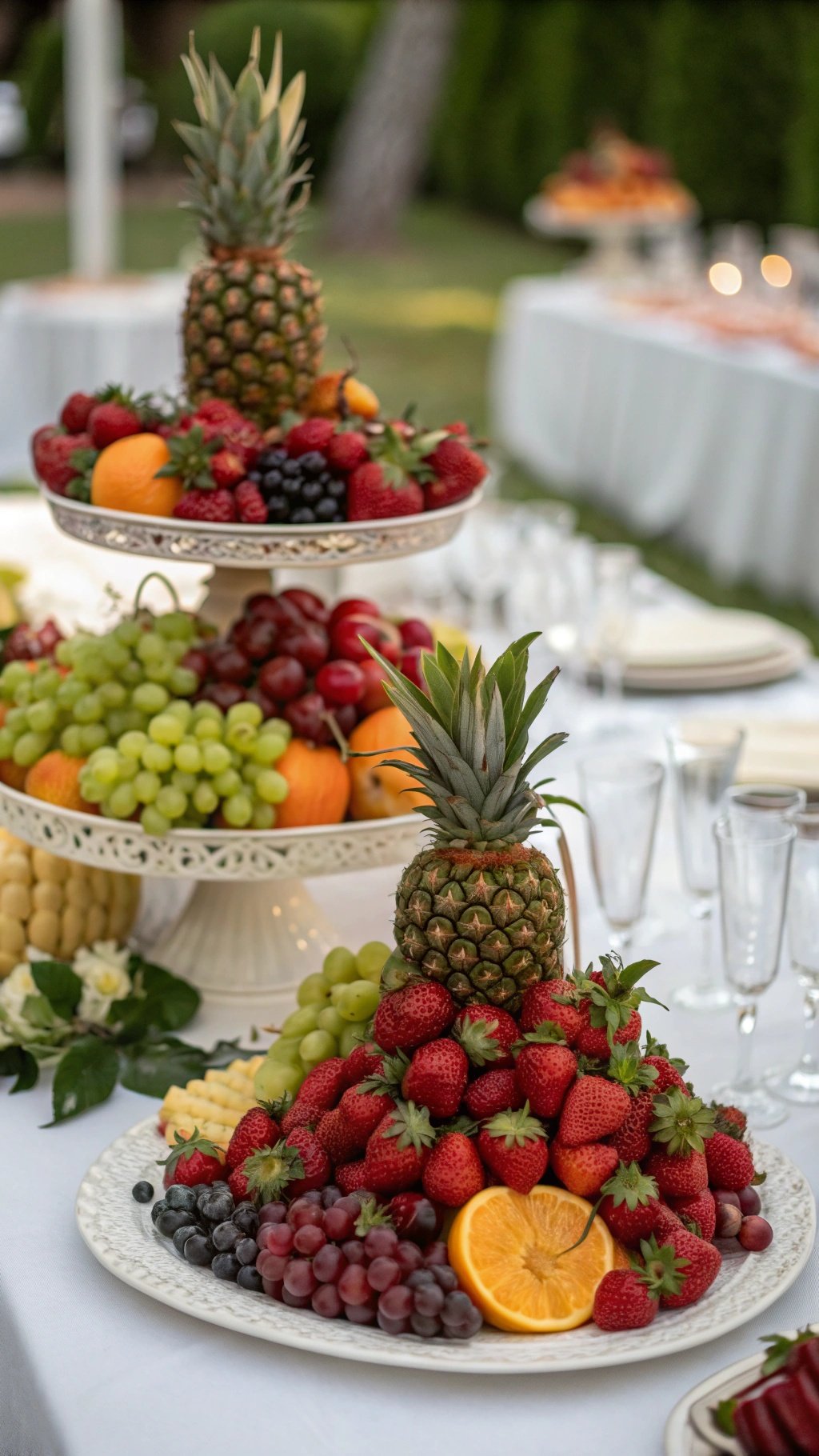 A beautiful display of seasonal fruits arranged on tiered stands for wedding table decorations.
