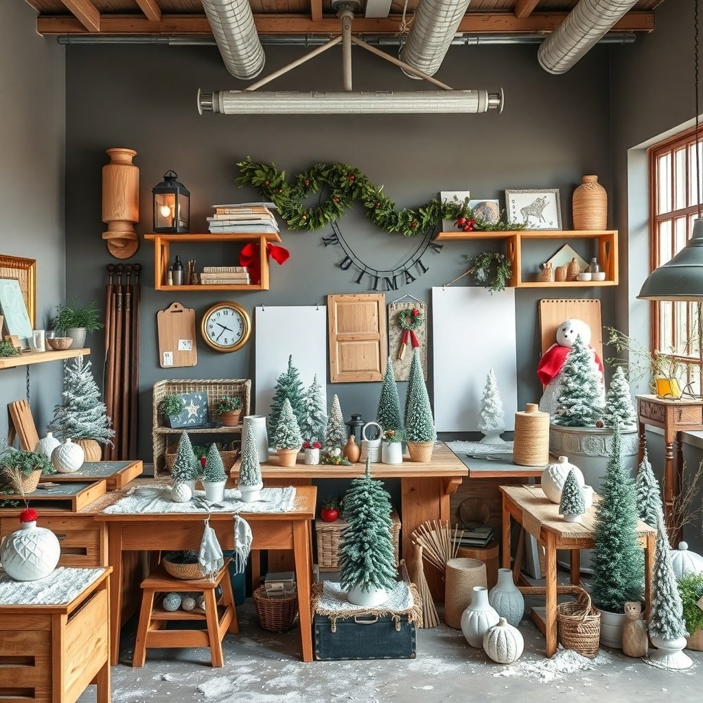 A cozy room decorated with winter decor after Christmas, featuring small evergreen trees, wooden furniture, and soft accents.