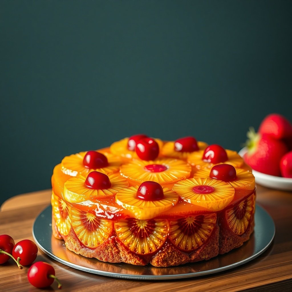 A beautifully arranged Pineapple Upside-Down Cake topped with pineapple slices and cherries.