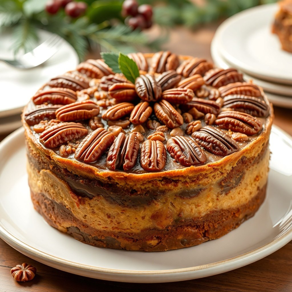 A beautifully decorated pecan pie cake topped with whole pecans, perfect for celebrating the new year.