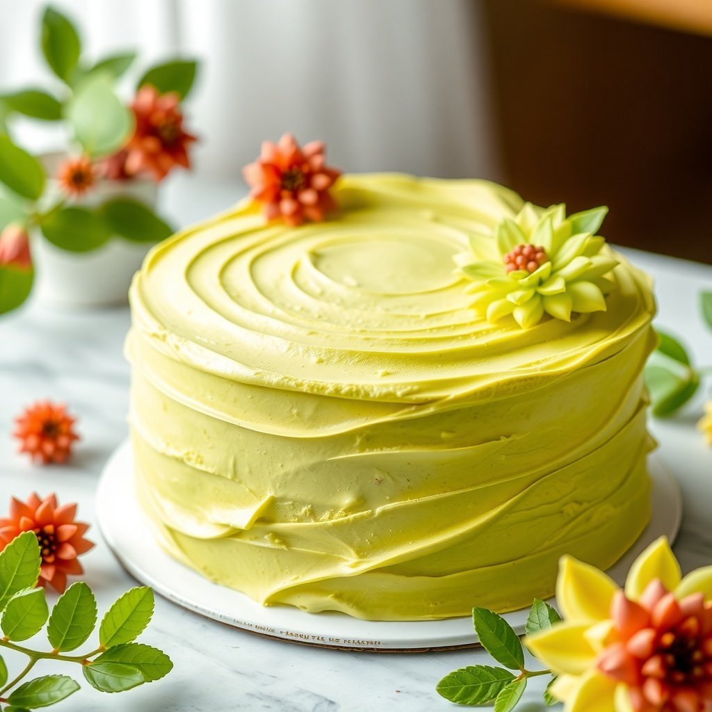 A beautifully decorated matcha green tea cake with vibrant green frosting and edible flowers on top.