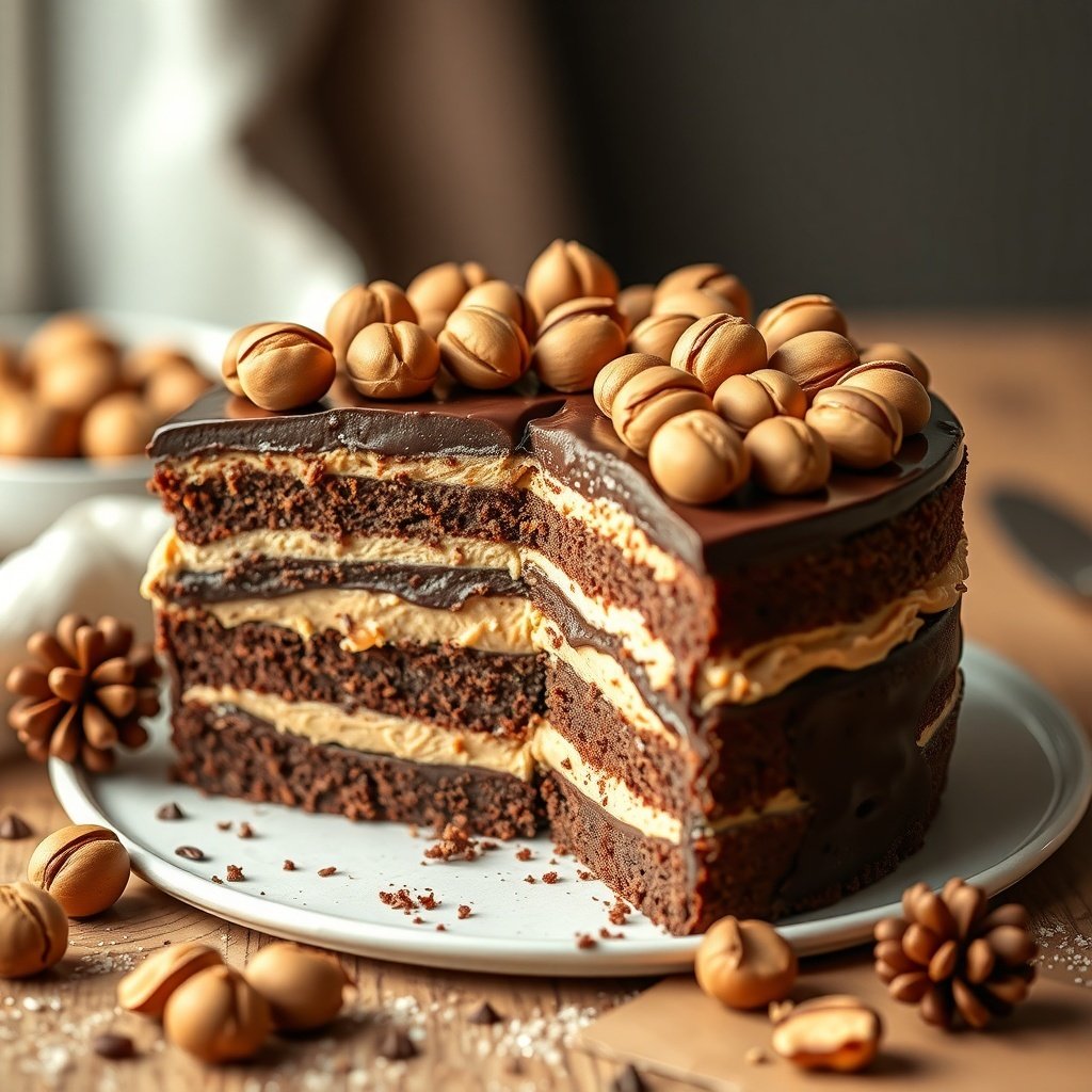 A delicious Chocolate Hazelnut Cake with layers of chocolate and hazelnut filling, topped with hazelnuts.