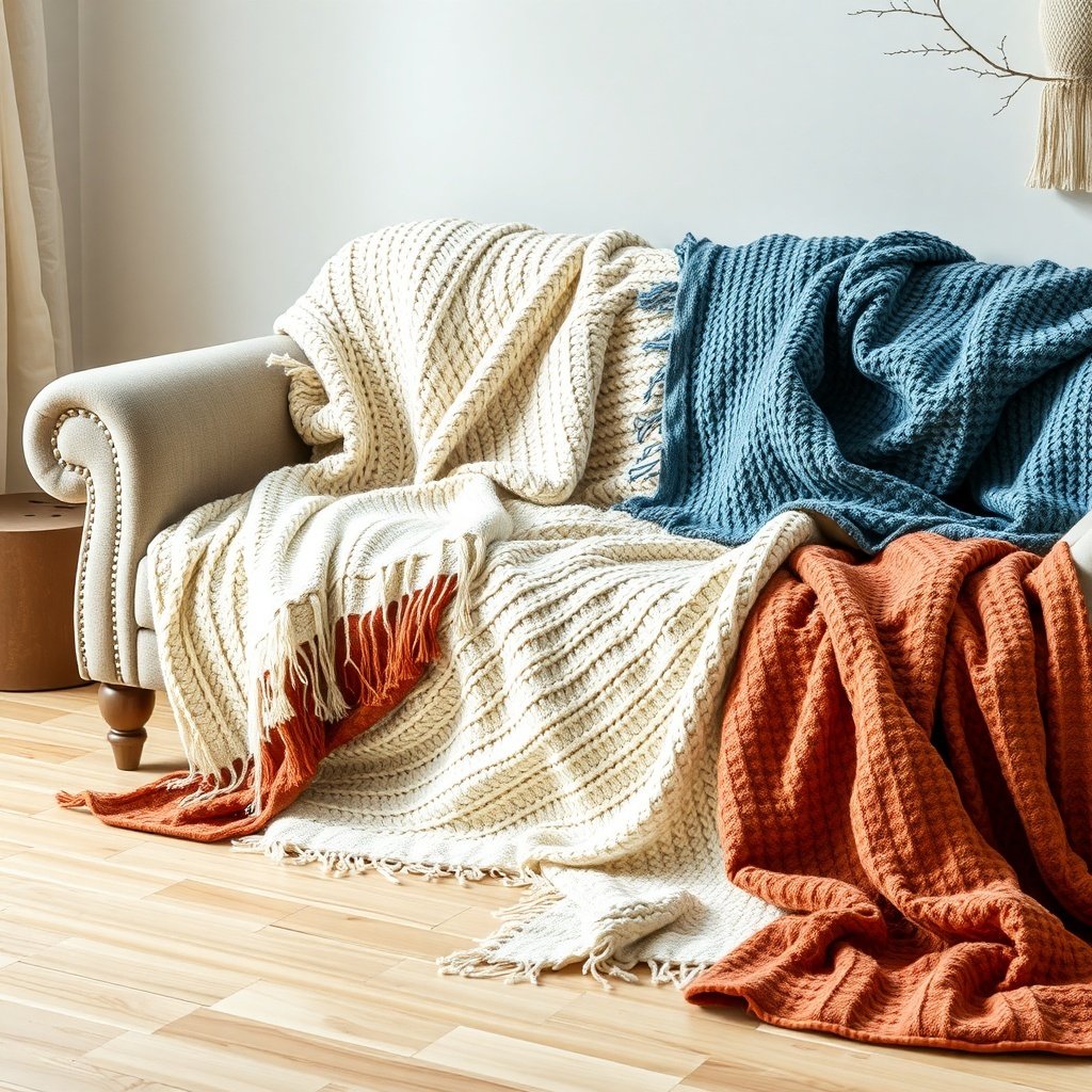 A cozy sofa adorned with layered throws in cream, blue, and orange, showcasing a warm winter decor theme.