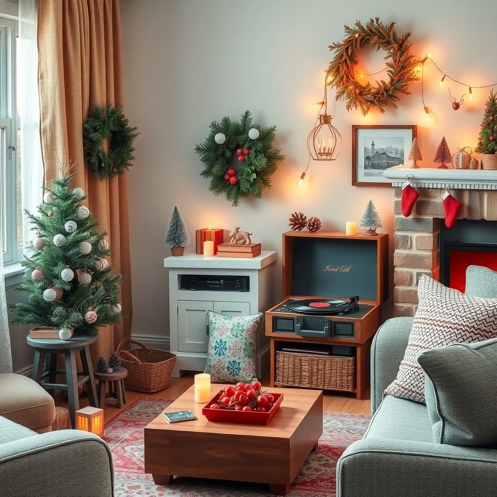 A cozy living room decorated for winter with a small tree, wreaths, candles, and a record player.