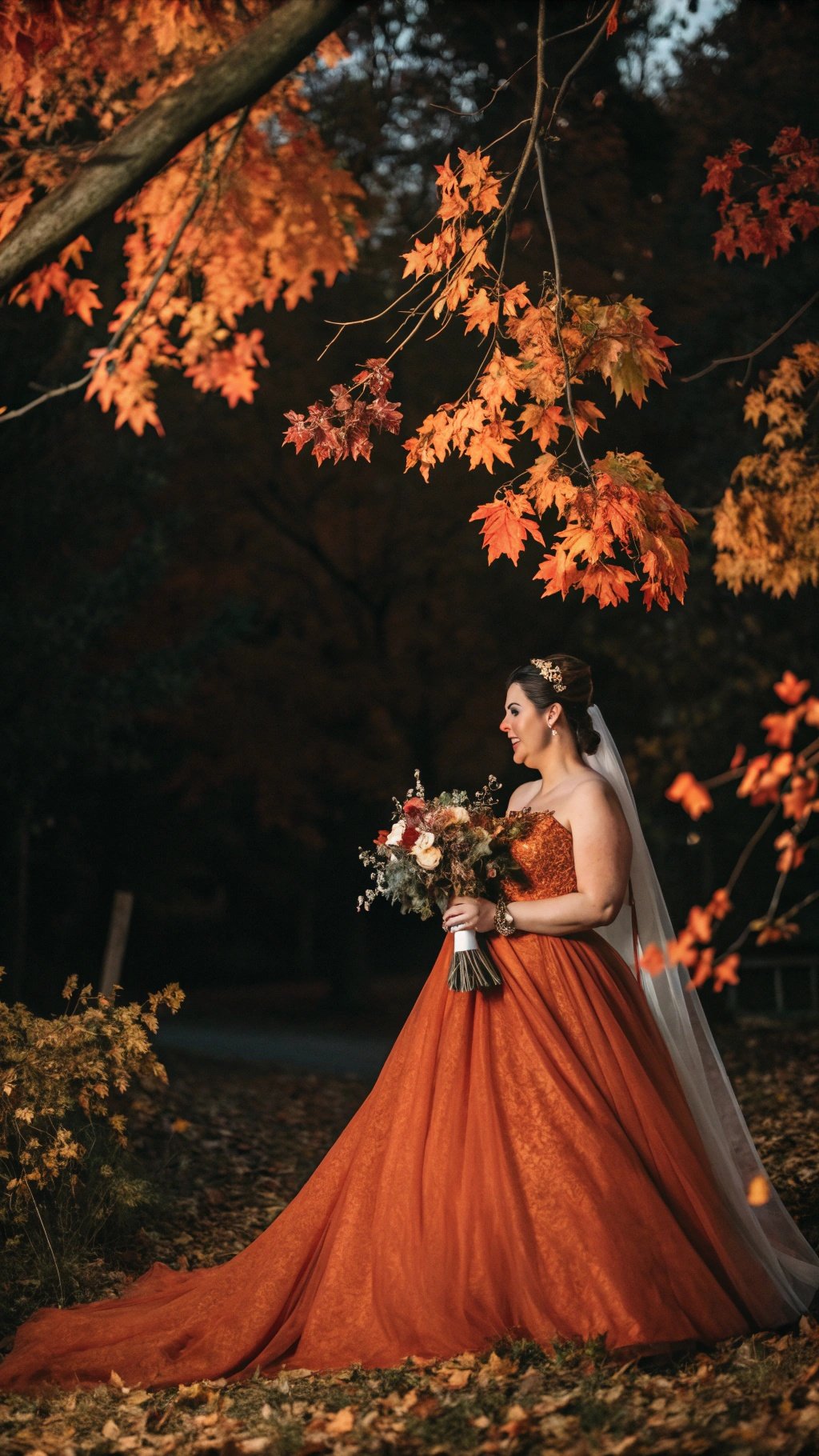 Bride in a burnt orange gown surrounded by autumn leaves