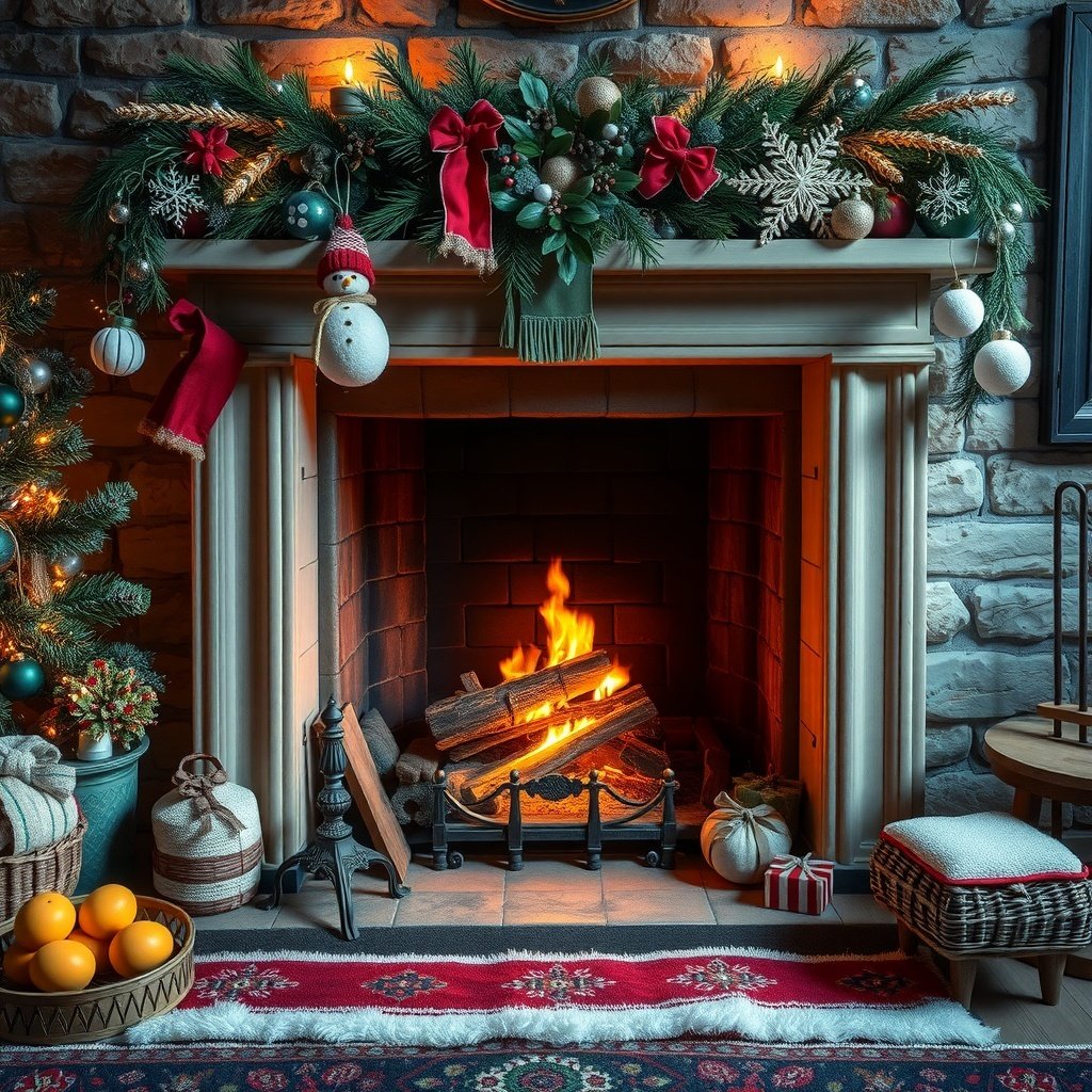A cozy fireplace decorated for winter with a fire burning, surrounded by festive decor.