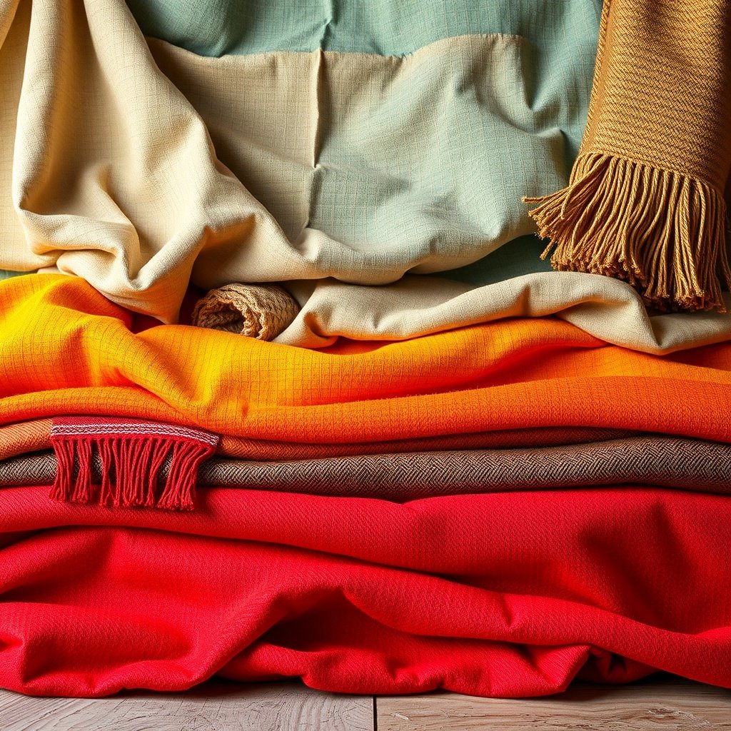 A stack of colorful fabrics in various textures, including soft throws and patterned materials, ideal for winter decor.