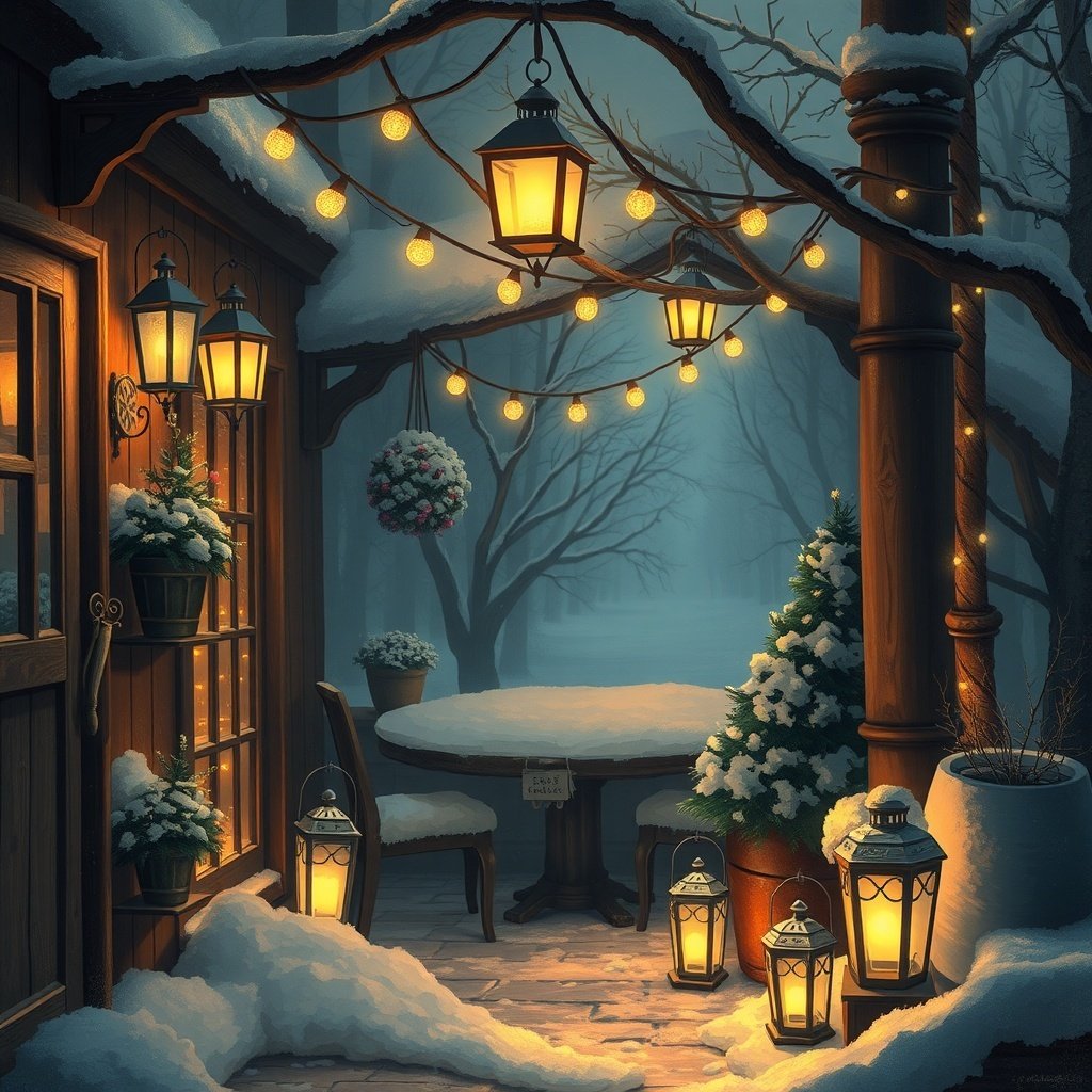 A cozy winter scene featuring glowing lanterns and soft lights in a snowy setting.