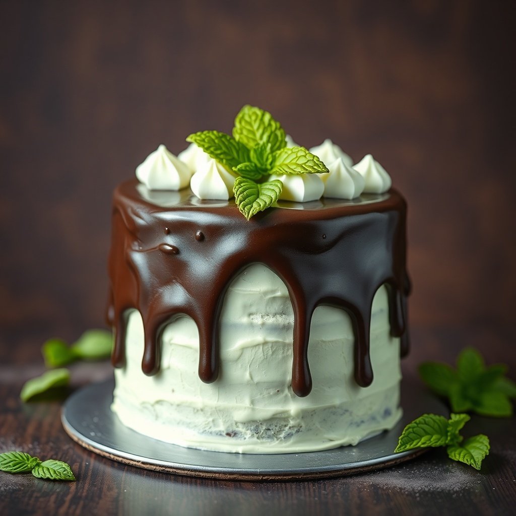 A beautifully decorated Chocolate Mint Layer Cake with chocolate ganache and mint leaves on top.