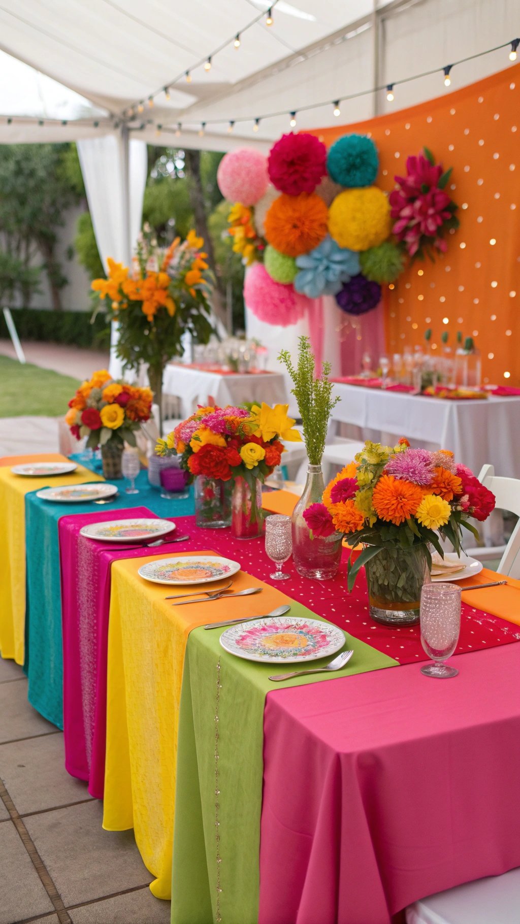 A vibrant wedding table setting with colorful linens and floral arrangements.