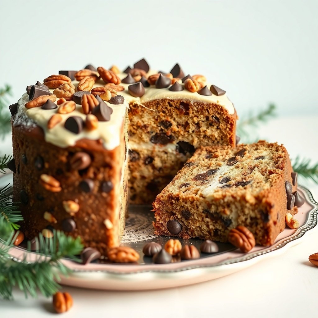 A delicious Nutty Chocolate Chip Cake topped with nuts and chocolate chips, perfect for New Year celebrations.