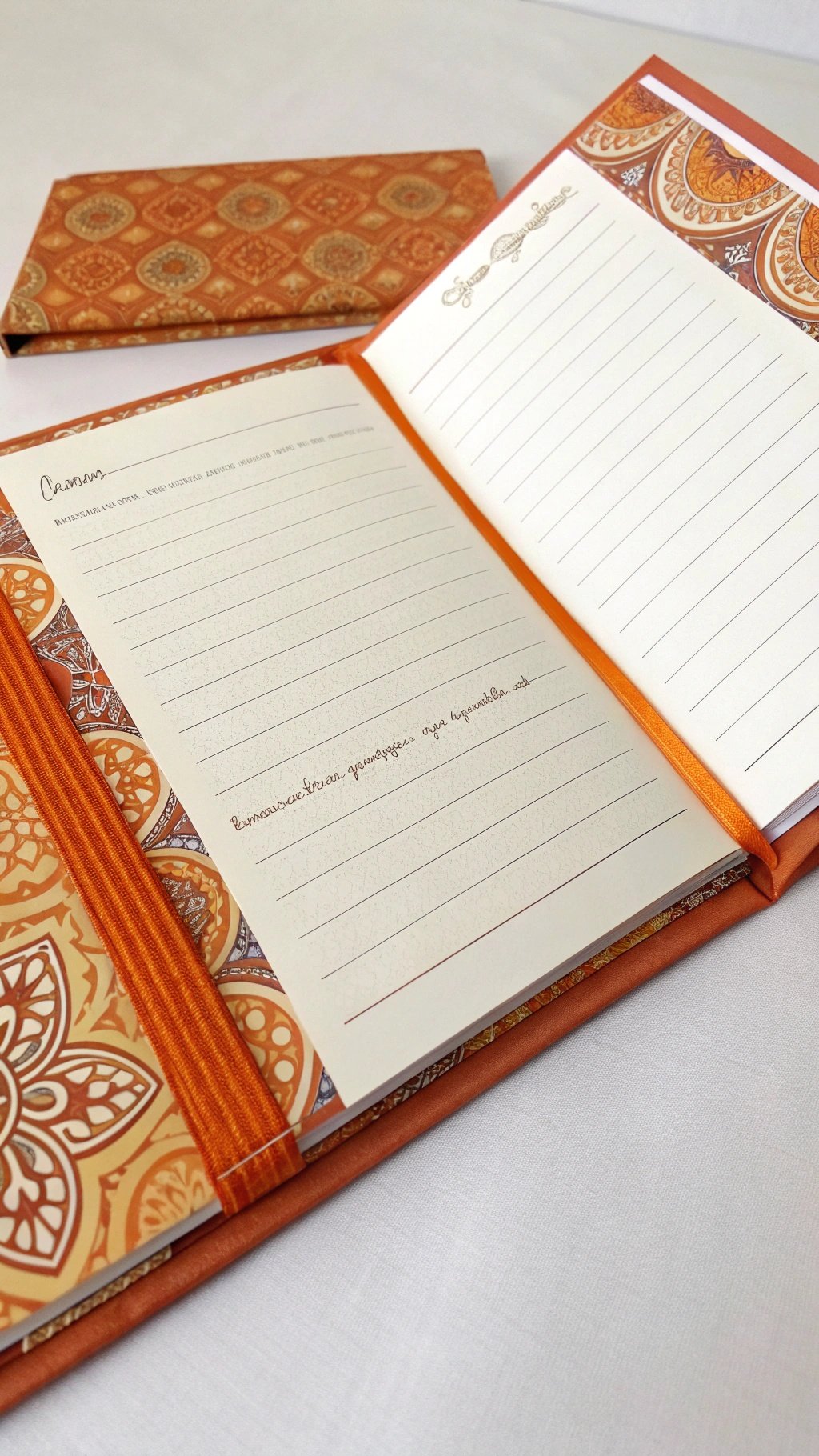 A beautifully designed guest book with a burnt orange cover and patterned pages.