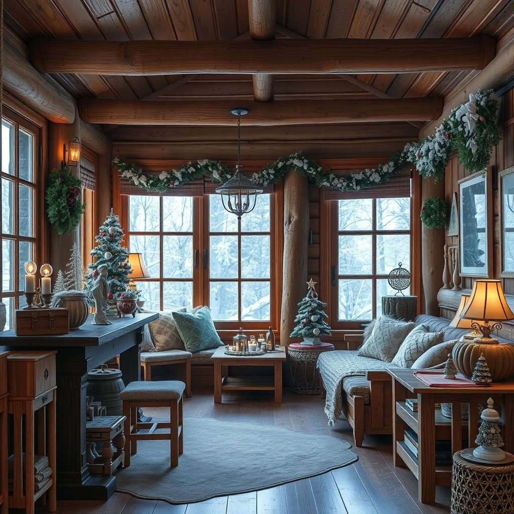A cozy wooden cabin interior decorated for winter, featuring wooden furniture, soft textiles, and winter decorations.