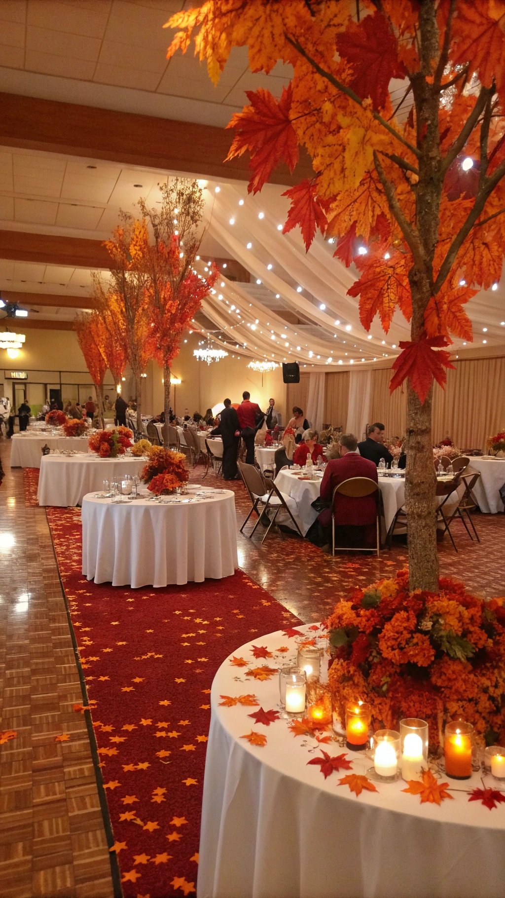 A beautifully decorated wedding venue featuring burnt orange autumn-themed decor with tables, candles, and colorful leaves.