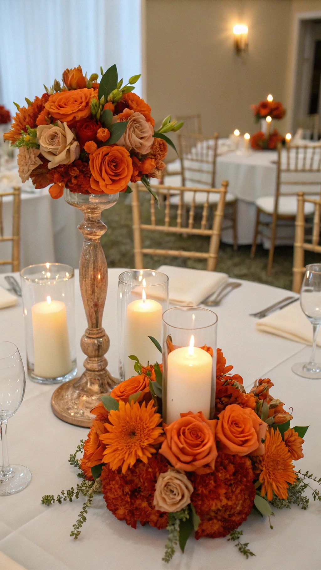 Burnt orange wedding reception centerpieces with flowers and candles