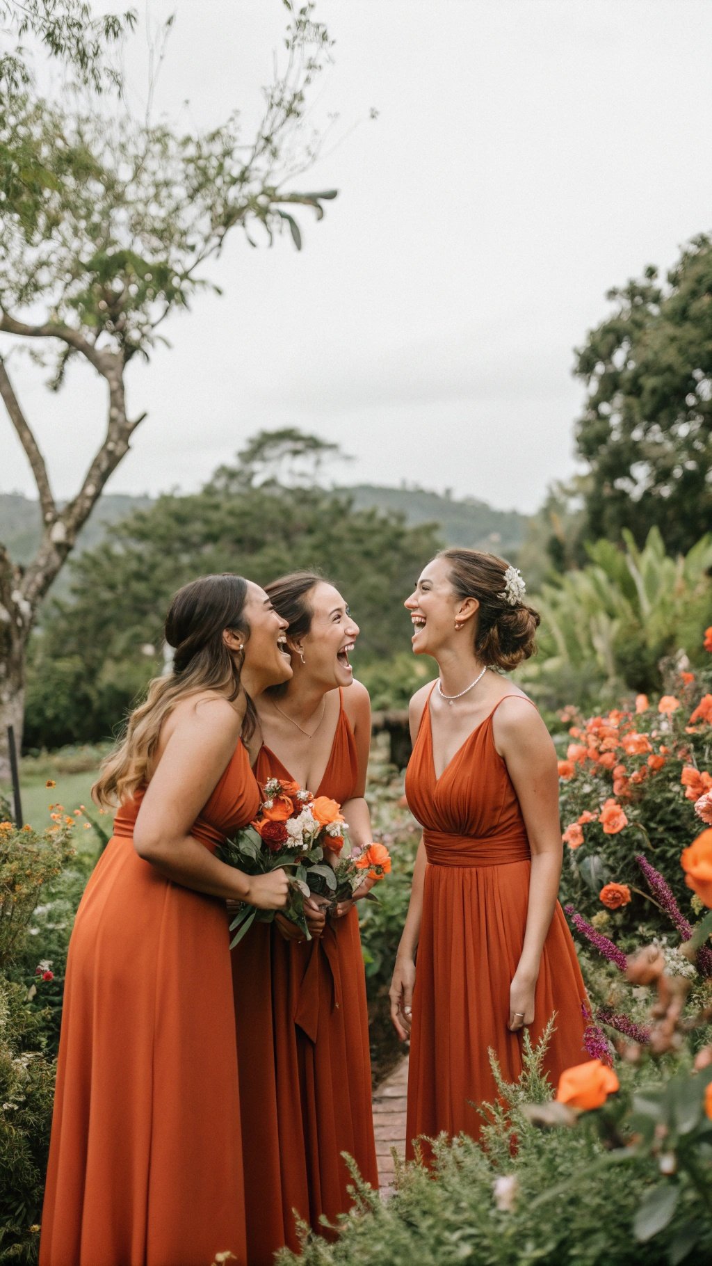 Three bridesmaids in burnt orange dresses laughing in a garden setting