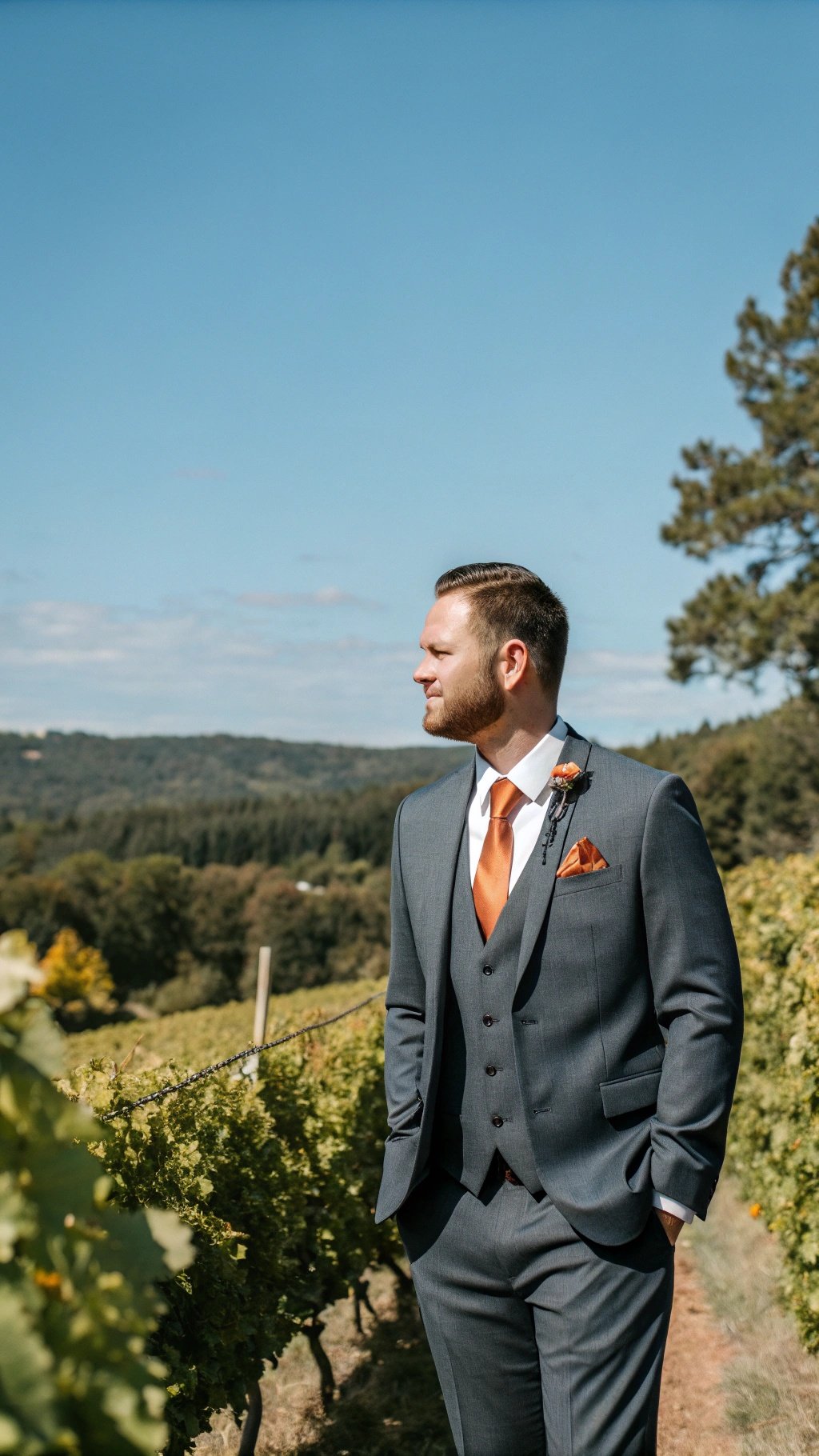 Groom in a gray suit with burnt orange accents standing in a vineyard