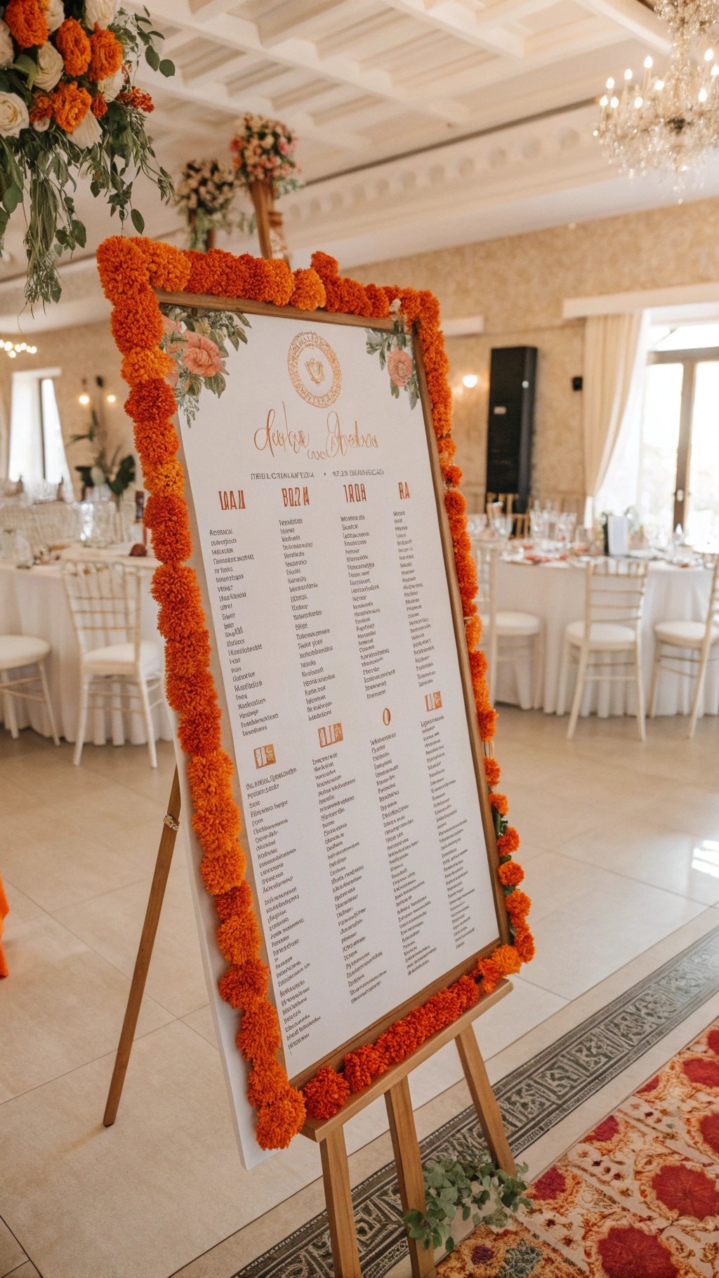 A seating chart framed with orange marigolds, displaying guest names and table numbers.