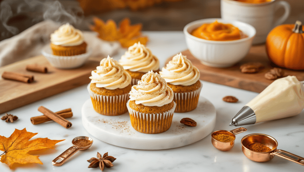 Cinematic overhead shot of pumpkin spice cupcakes topped with swirled cream cheese frosting, surrounded by cinnamon sticks, star anise, toasted pecans, and autumn leaves on a white marble surface, with warm golden hour lighting and cozy fall kitchen ambiance.