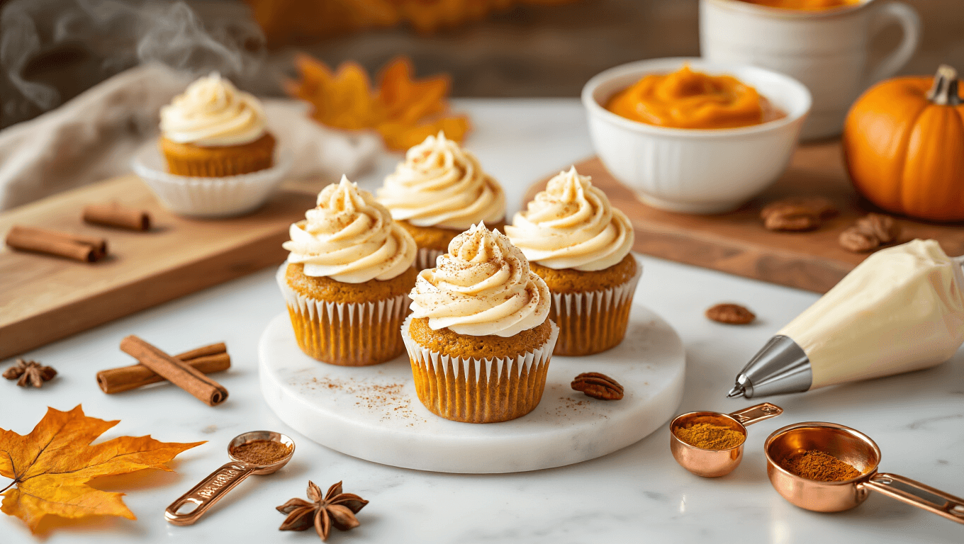 Cinematic overhead shot of pumpkin spice cupcakes topped with swirled cream cheese frosting, surrounded by cinnamon sticks, star anise, toasted pecans, and autumn leaves on a white marble surface, with warm golden hour lighting and cozy fall kitchen ambiance.