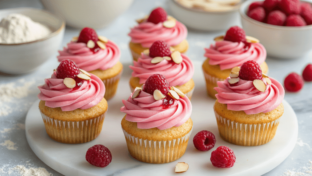 Cinematic overhead view of raspberry almond cupcakes with swirled pink frosting, ruby jam centers, and toasted almonds, surrounded by fresh raspberries on a white marble surface.