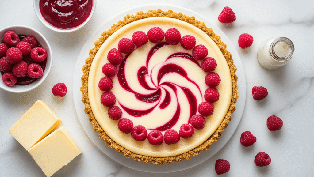 Professional overhead shot of a slice of raspberry swirl cheesecake on a white marble surface, showcasing creamy ivory filling with vibrant magenta swirls, golden graham cracker crust, fresh raspberries, and raspberry sauce drizzle, with cream cheese blocks and a vanilla extract bottle in a warm kitchen ambiance.