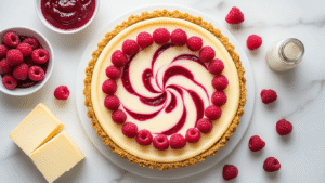 Professional overhead shot of a slice of raspberry swirl cheesecake on a white marble surface, showcasing creamy ivory filling with vibrant magenta swirls, golden graham cracker crust, fresh raspberries, and raspberry sauce drizzle, with cream cheese blocks and a vanilla extract bottle in a warm kitchen ambiance.