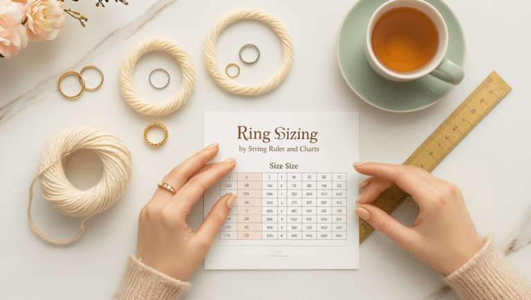 Flatlay of ring sizing tools on a marble surface, featuring gold and silver rings, a curved string, a brass ruler, a printable ring size chart, and a cup of golden herbal tea, all softly illuminated by natural light. Feminine hands holding the measuring string add a touch of warmth and luxury to the cozy arrangement.