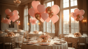Luxurious wedding ballroom adorned with heart-shaped blush pink and rose gold balloon installation, warm sunlight illuminating ivory-lined tables with elegant gold accents, creating an intimate and romantic ambiance.