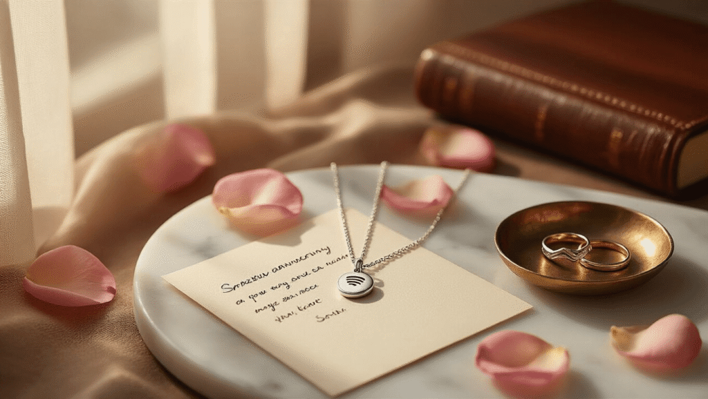 Cinematic close-up of a sterling silver Spotify song necklace on a polished marble surface, with a handwritten love note, blush rose petals, a vintage brass ring dish with heart rings, and a partially visible leather-bound journal, all illuminated by warm golden hour light.