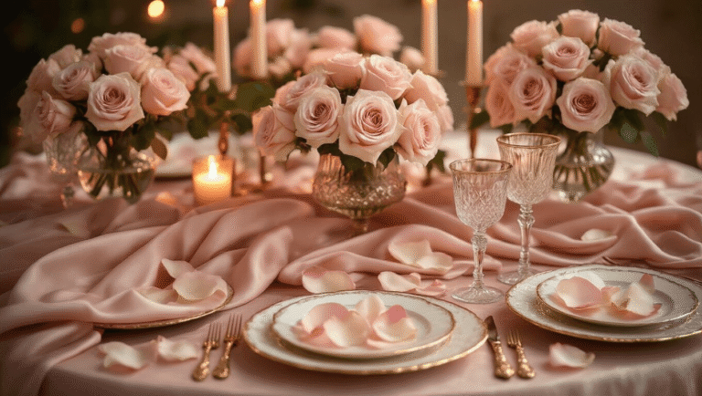 Cinematic overhead shot of an intimate Valentine's dinner tablescape with blush pink silk linens, delicate rose centerpieces in vintage crystal vases, gold-rimmed porcelain plates, scattered rose petals, and warm candlelight creating a romantic ambiance.
