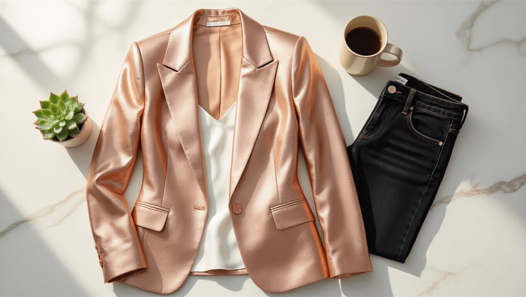 A luxurious rose gold metallic blazer on a white marble surface, styled with gold hoop earrings, a folded white silk camisole, black skinny jeans, a potted succulent, and a ceramic coffee mug, all bathed in soft natural sunlight.