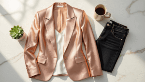A luxurious rose gold metallic blazer on a white marble surface, styled with gold hoop earrings, a folded white silk camisole, black skinny jeans, a potted succulent, and a ceramic coffee mug, all bathed in soft natural sunlight.