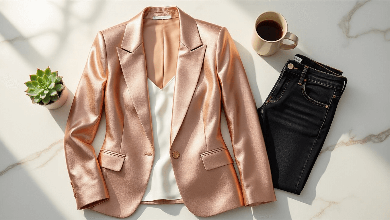 A luxurious rose gold metallic blazer on a white marble surface, styled with gold hoop earrings, a folded white silk camisole, black skinny jeans, a potted succulent, and a ceramic coffee mug, all bathed in soft natural sunlight.