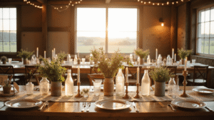 Romantic rustic barn wedding reception at golden hour with mismatched vintage china, floral centerpieces in glass jars, flickering candlelight, and soft sunlight creating a warm ambiance.