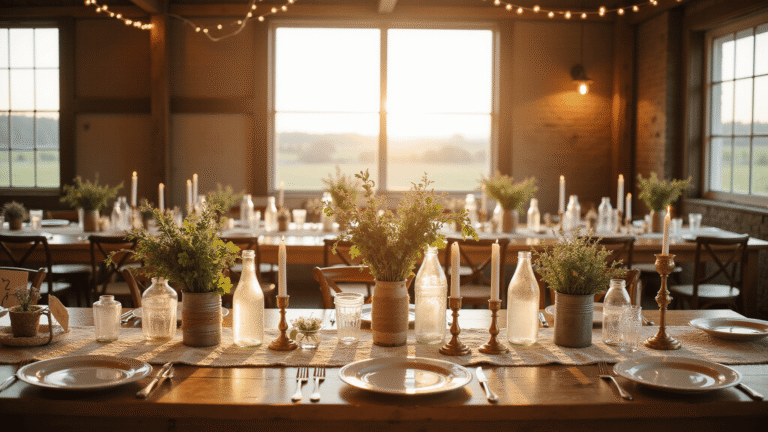 Romantic rustic barn wedding reception at golden hour with mismatched vintage china, floral centerpieces in glass jars, flickering candlelight, and soft sunlight creating a warm ambiance.