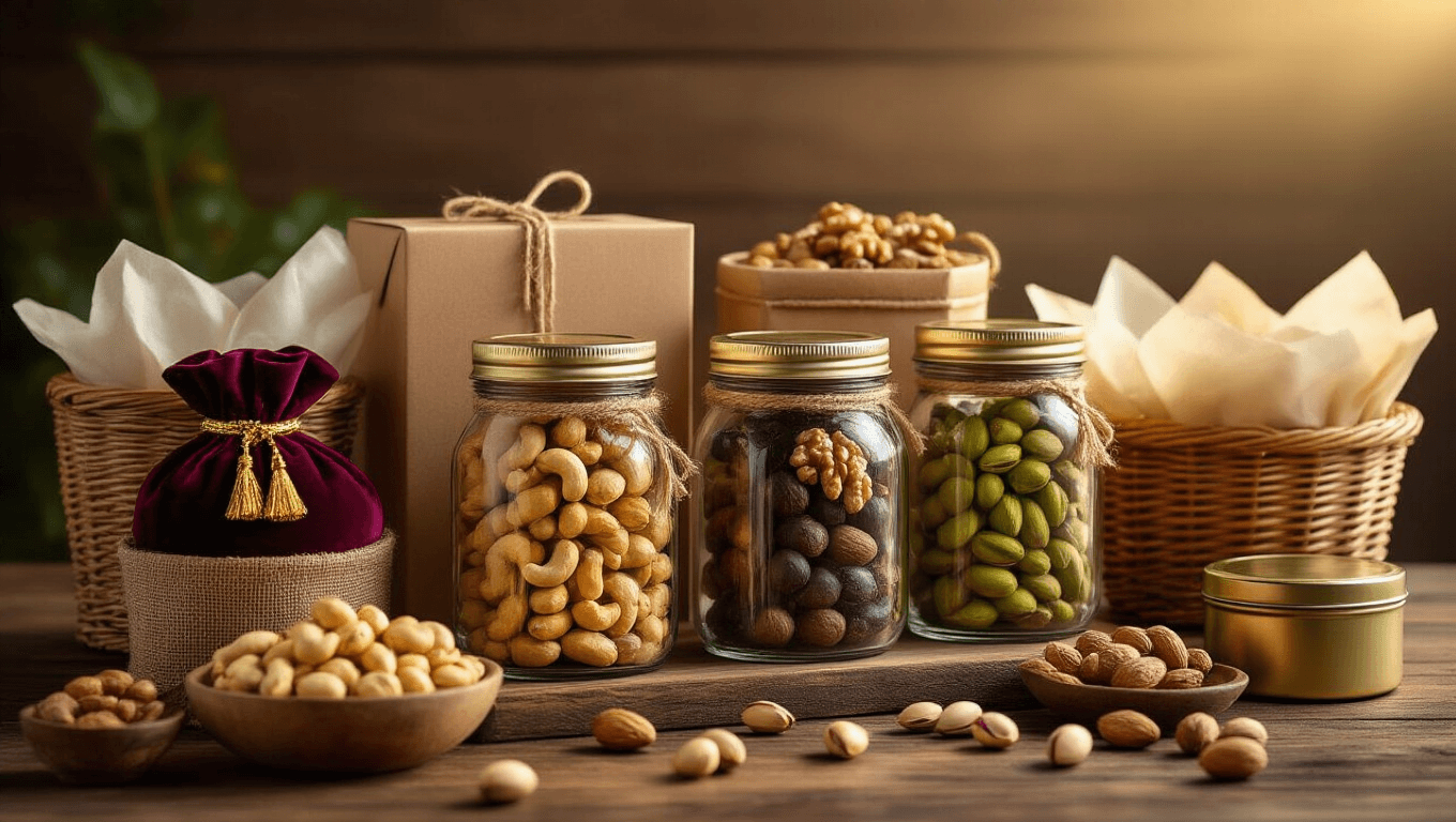 Elegant dry fruit gift presentation on a rustic wooden table, featuring mason jars filled with assorted nuts, velvet potli bags, kraft boxes with jute twine, wicker baskets, and decorative metal tins, all bathed in warm golden hour lighting.
