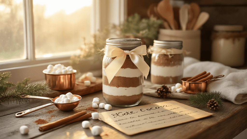Rustic kitchen counter with a layered hot cocoa mix in a mason jar tied with a cream silk ribbon, surrounded by copper measuring spoons, scattered mini marshmallows, and a handwritten recipe card. Warm golden light creates a cozy hygge atmosphere with cinnamon sticks, cocoa powder dusting, a linen tea towel, and pine sprigs, showcasing rich textures and a warm color palette.