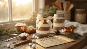 Rustic kitchen counter with a layered hot cocoa mix in a mason jar tied with a cream silk ribbon, surrounded by copper measuring spoons, scattered mini marshmallows, and a handwritten recipe card. Warm golden light creates a cozy hygge atmosphere with cinnamon sticks, cocoa powder dusting, a linen tea towel, and pine sprigs, showcasing rich textures and a warm color palette.