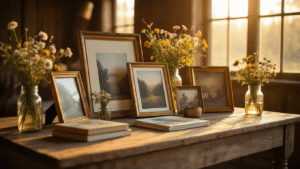 Cinematic display of personalized photo gifts on a rustic wooden table, illuminated by warm golden hour light, featuring canvas prints, photo books, and vintage frames, accented by fresh wildflowers in mason jars.