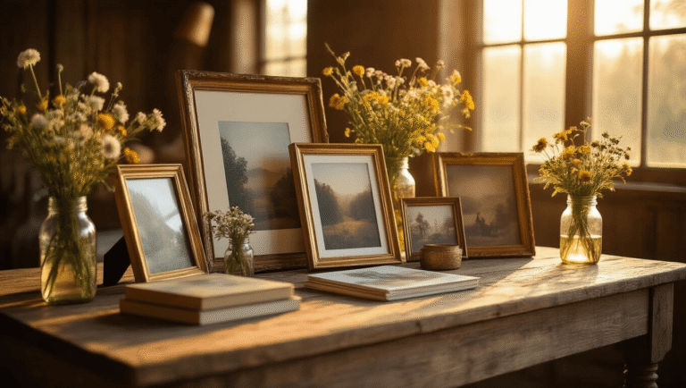 25 Photo Gift Ideas That'll Make Everyone Think You're a Thoughtful Genius Cinematic display of personalized photo gifts on a rustic wooden table, illuminated by warm golden hour light, featuring canvas prints, photo books, and vintage frames, accented by fresh wildflowers in mason jars.