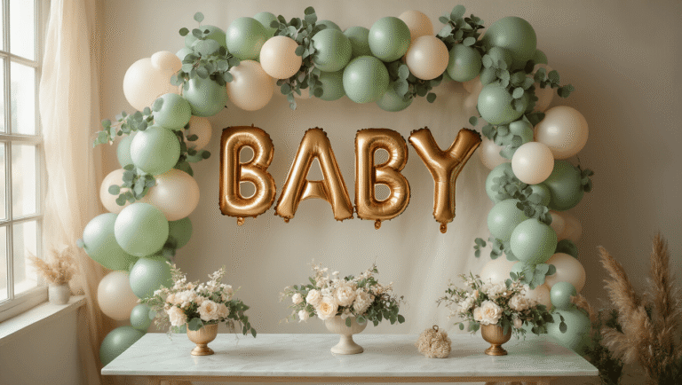 Cinematic overhead view of a sophisticated baby shower balloon installation with sage green and cream foil balloons in an organic garland, featuring gold metallic "BABY" letters, eucalyptus accents, and a marble gift table adorned with white florals, all bathed in warm natural light.