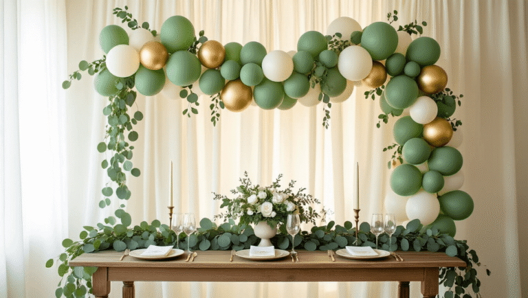 Elegant baby shower table setup with a sage green and ivory balloon garland, gold accents, and eucalyptus, against sheer white curtains, featuring a rustic wooden table with delicate place settings, bathed in warm golden hour light, highlighting sophisticated decorations and an inviting atmosphere.