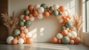 Elegant balloon garland installation in sage green, soft terracotta, and ivory, featuring various balloon sizes and professional clustering techniques, set against a modern event space with warm golden hour lighting and scattered wildflowers.