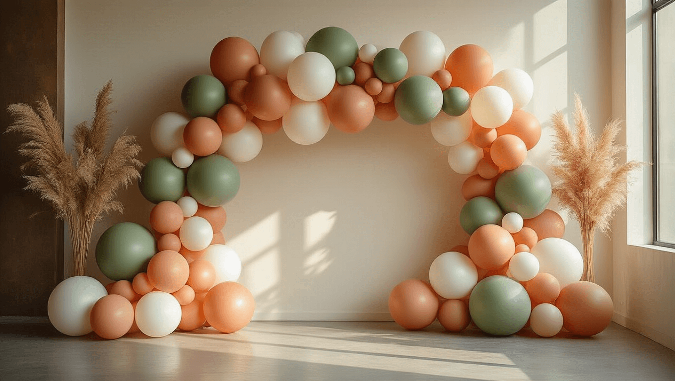 Elegant balloon garland installation in sage green, soft terracotta, and ivory, featuring various balloon sizes and professional clustering techniques, set against a modern event space with warm golden hour lighting and scattered wildflowers.