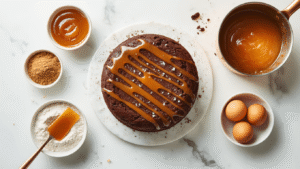 Cinematic overhead view of a salted caramel chocolate cake preparation on a white marble countertop, featuring dark chocolate layers, golden caramel drizzle, sparkling sea salt, scattered cocoa powder, cracked eggs, a vintage saucepan of bubbling caramel, and warm lighting creating dramatic shadows.