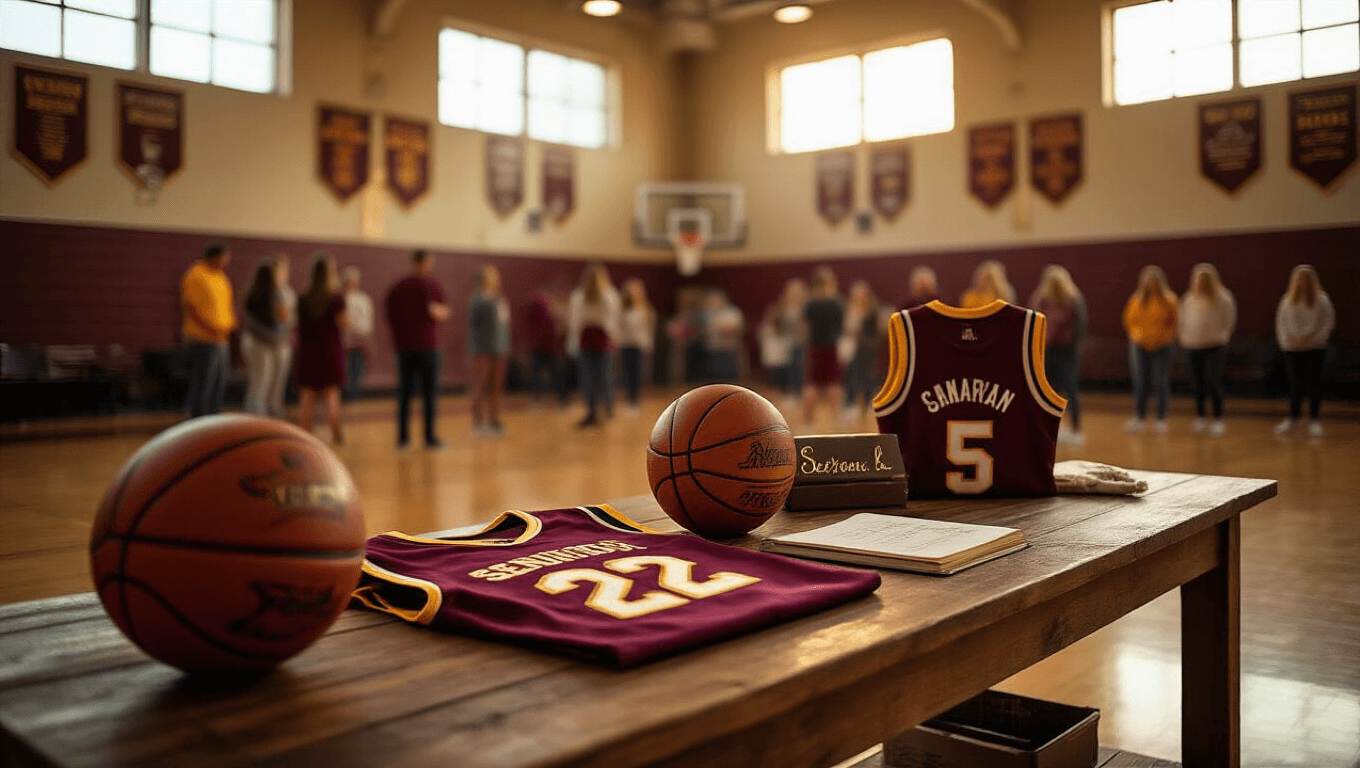 Cinematic wide-angle shot of a warmly lit gymnasium during a senior night ceremony, showcasing personalized jerseys and sports equipment on a rustic wooden table, with blurred athletes and emotional parents in the background, all bathed in golden hour light.