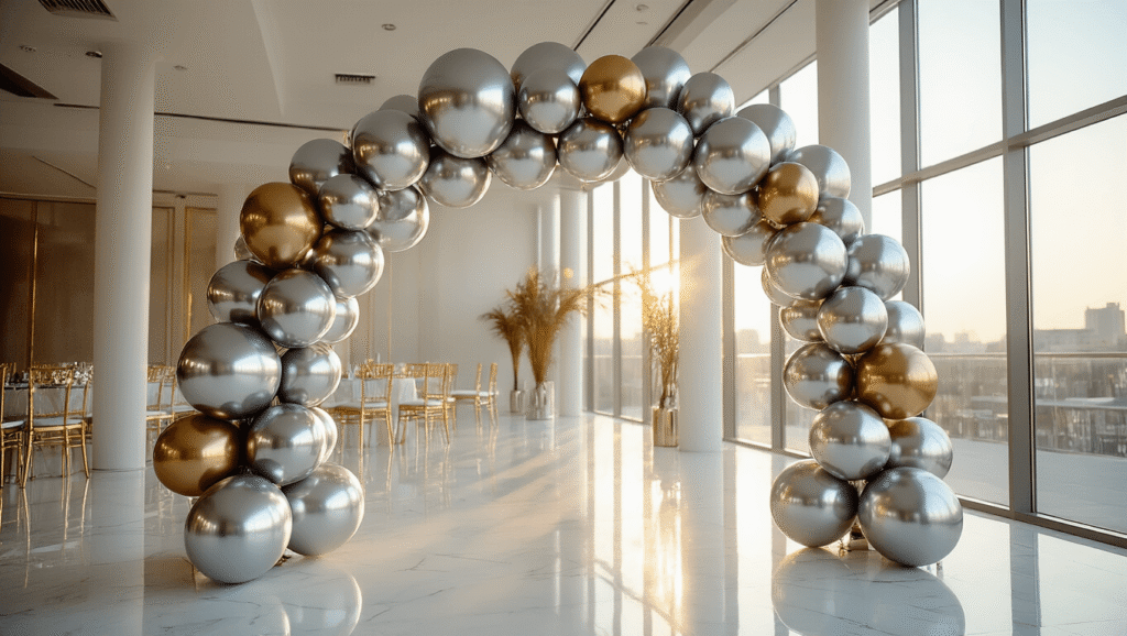 Luxurious event space with a silver balloon arch made of metallic chrome and satin balloons, showcasing reflections on white marble flooring, illuminated by golden hour light.