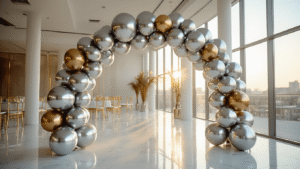 Silver Balloon Decorations: Your Complete Guide to Stunning Party Setups Luxurious event space with a silver balloon arch made of metallic chrome and satin balloons, showcasing reflections on white marble flooring, illuminated by golden hour light.