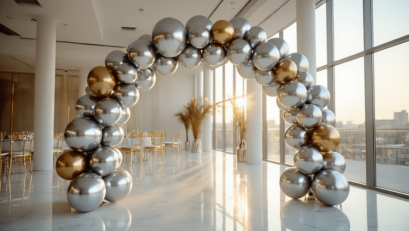 Luxurious event space with a silver balloon arch made of metallic chrome and satin balloons, showcasing reflections on white marble flooring, illuminated by golden hour light.